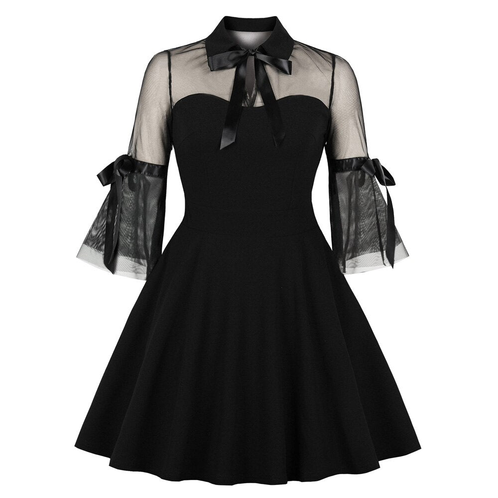 Only 22.19 usd for Sexy Little Black Mesh See Through Bowknot Half Sleeve  Swing Party Dresses With Pockets Online at the Shop